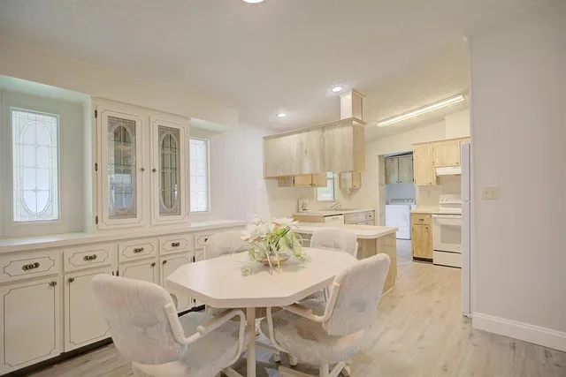 a view of a dining room with furniture