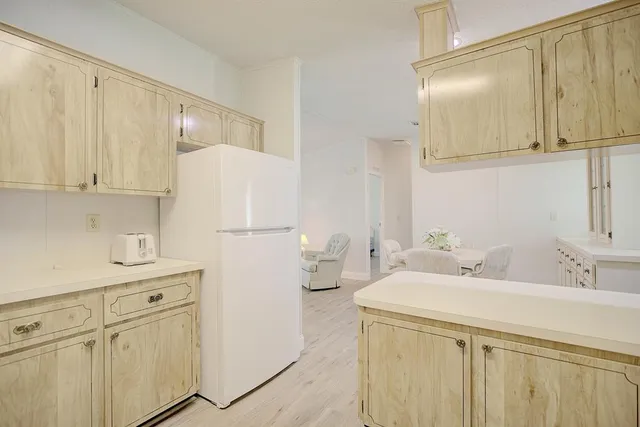 a kitchen with a sink and a refrigerator