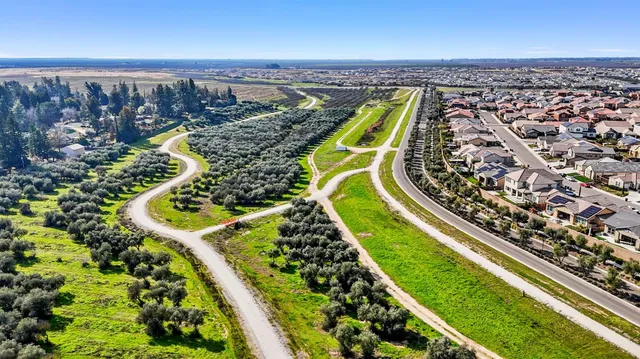 an aerial view of a pool