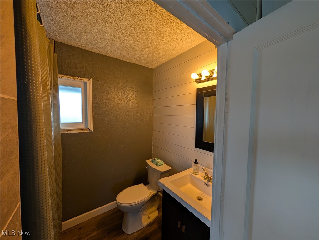 10143 Pleasant Road Pleasant City, OH 43772 - Photo 16 of 32 Full bathroom featuring vanity, a textured ceiling, dark wood-type flooring, wood walls, and curtained shower