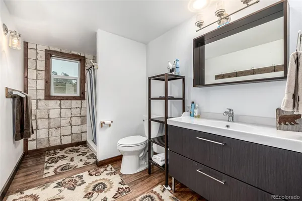 a bathroom with a sink toilet and shower