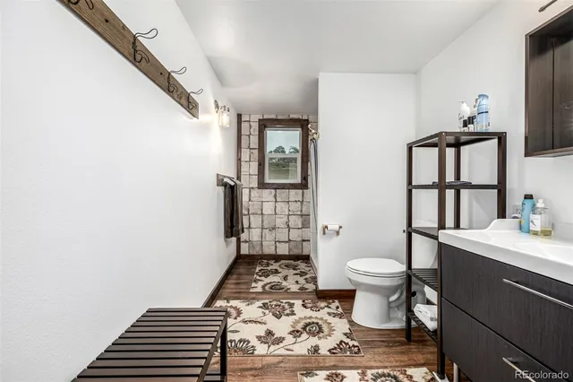 a bathroom with a sink toilet and shower
