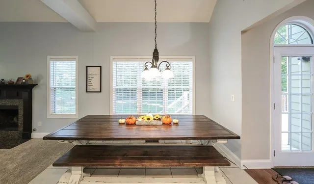 a view of dining table with window