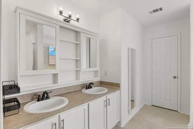 a bathroom with a sink double vanity and a mirror
