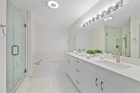 a bathroom with a double vanity sink mirror and shower