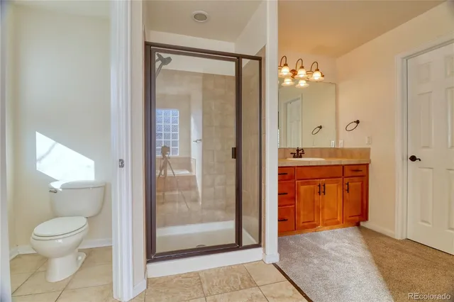 a bathroom with a granite countertop sink mirror toilet and shower