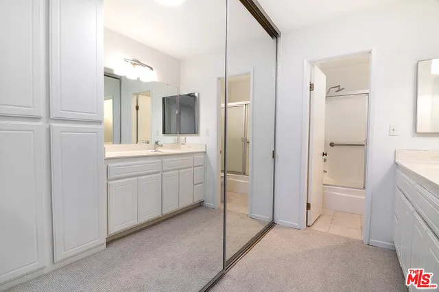 a bathroom with a double vanity sink a toilet and shower