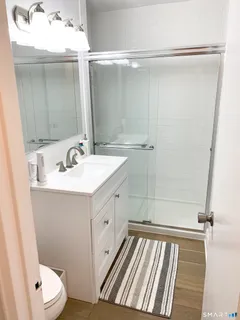 a bathroom with a sink mirror vanity and toilet