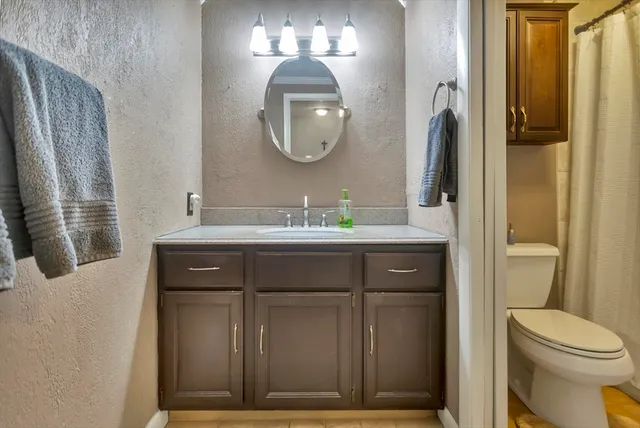 a bathroom with a sink a toilet and a mirror