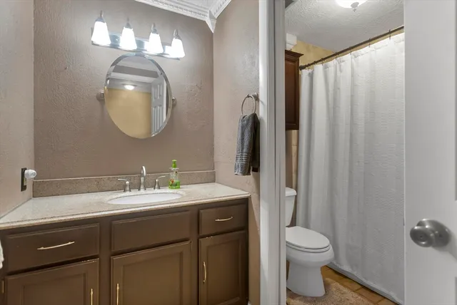 a bathroom with a toilet a sink and mirror