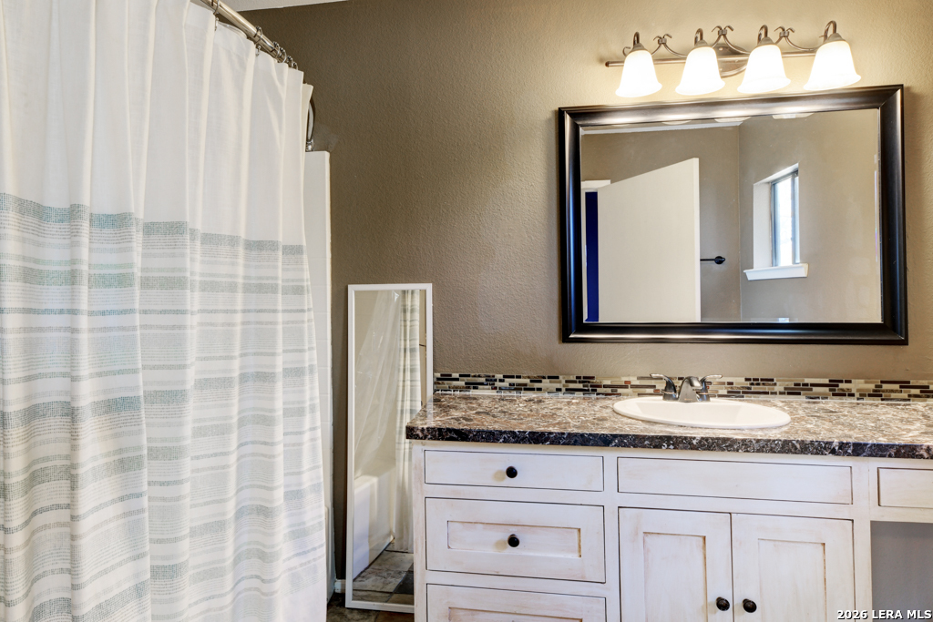 451 Wegener Trail Fischer, TX 78623 - Photo 19 of 43 a bathroom with a granite countertop sink vanity and a mirror