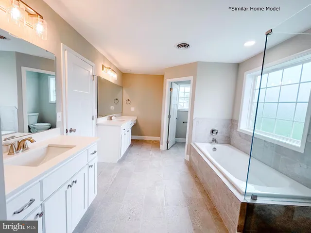 a bathroom with a tub sink double vanity and tub