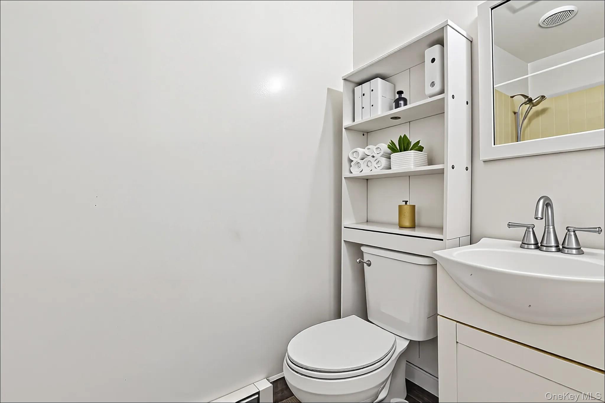 370 Blue Point Road Farmingville, NY 11738 - Photo 18 of 19 Bathroom with vanity, a baseboard heating unit, and a shower