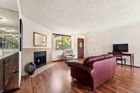 a living room with furniture and a fireplace
