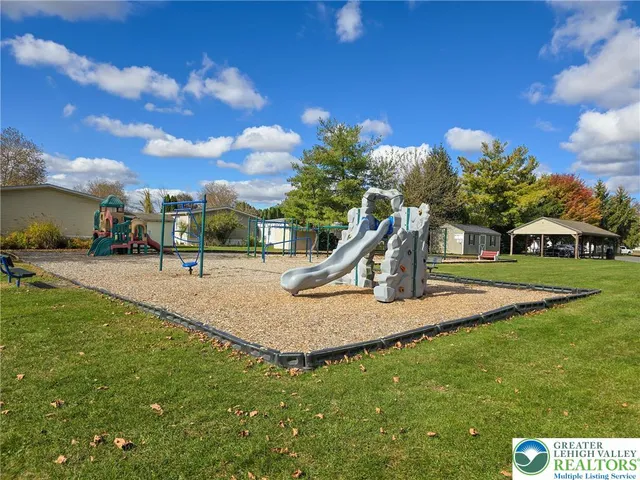 a view of a park with large trees