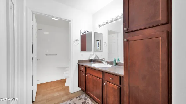 a bathroom with a sink a mirror and a shower