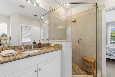 a bathroom with a granite countertop sink a mirror and a shower