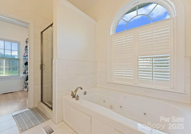 a bathroom with a bathtub and a shower