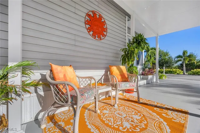 an outdoor space with seating