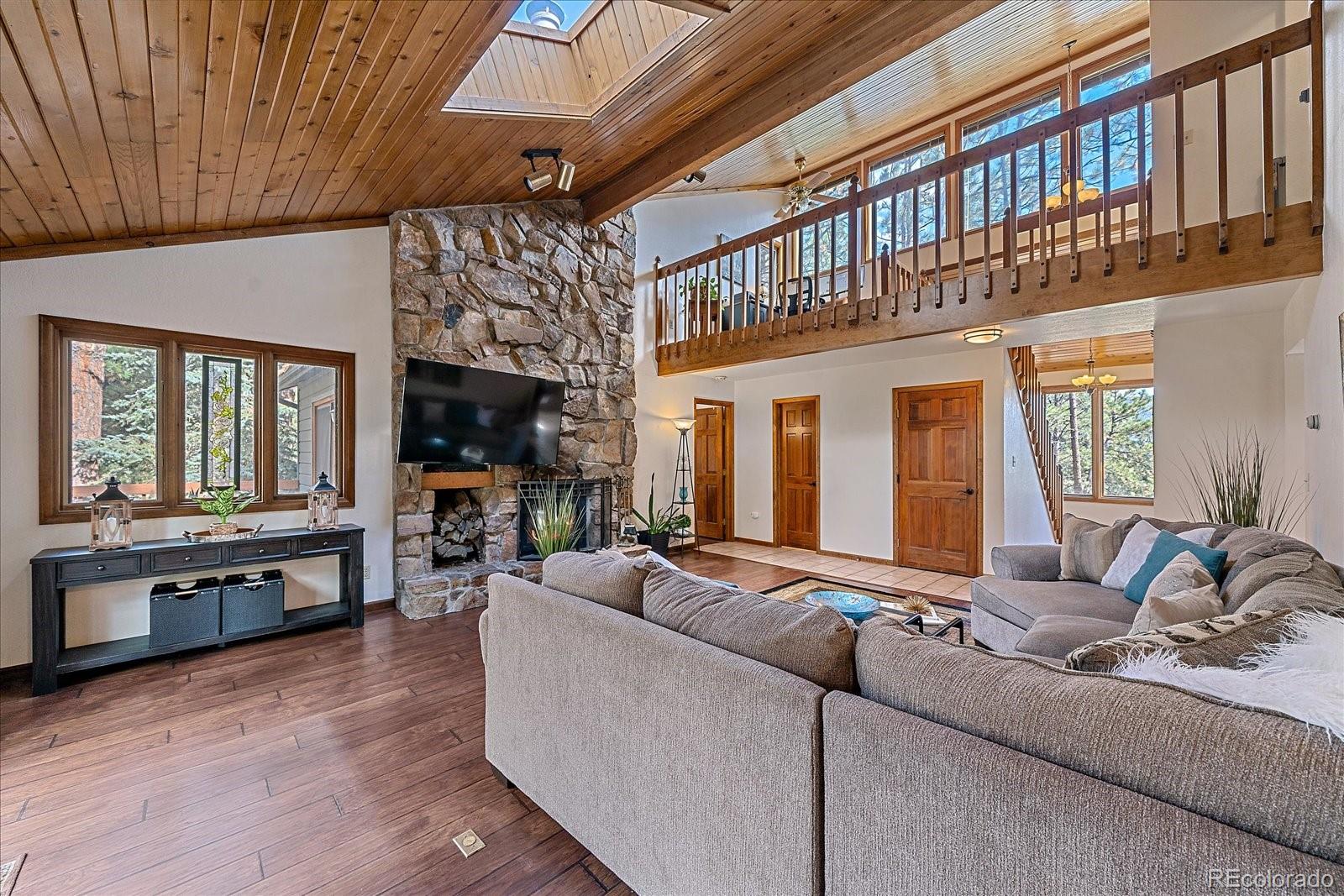 4059 Histead Way Evergreen, CO 80439 - Photo 9 of 37 a living room with furniture fireplace and flat screen tv