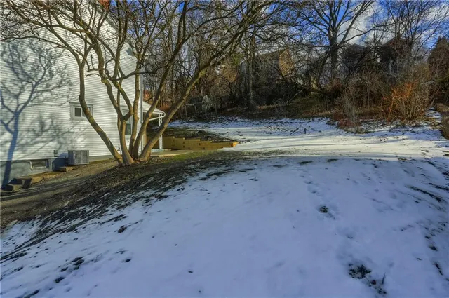 a view of a backyard with large trees