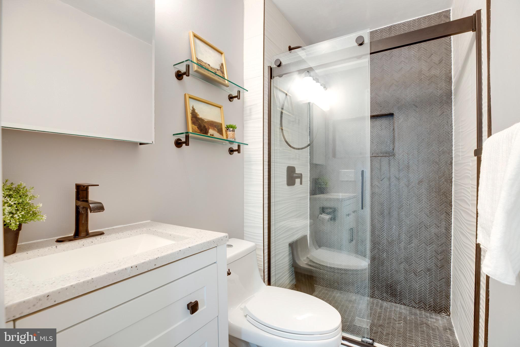 2318 Millennium Lane Reston, VA 20191 - Photo 23 of 34 a bathroom with a sink a toilet a glass door shower and a mirror
