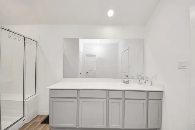 a bathroom with a sink and a mirror
