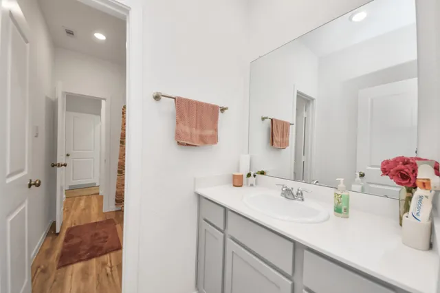 a bathroom with a sink and a mirror