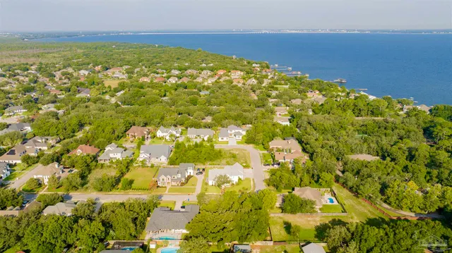 an aerial view of residential houses with outdoor space and trees