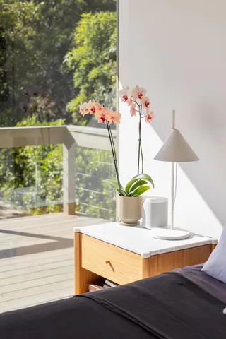 a view of a room with a floor to ceiling window and wooden floor