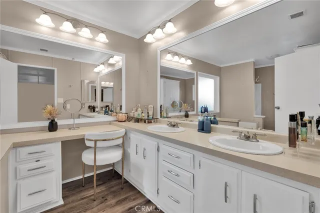 a view with double vanity sink a mirror a lamp a vanity and a shower