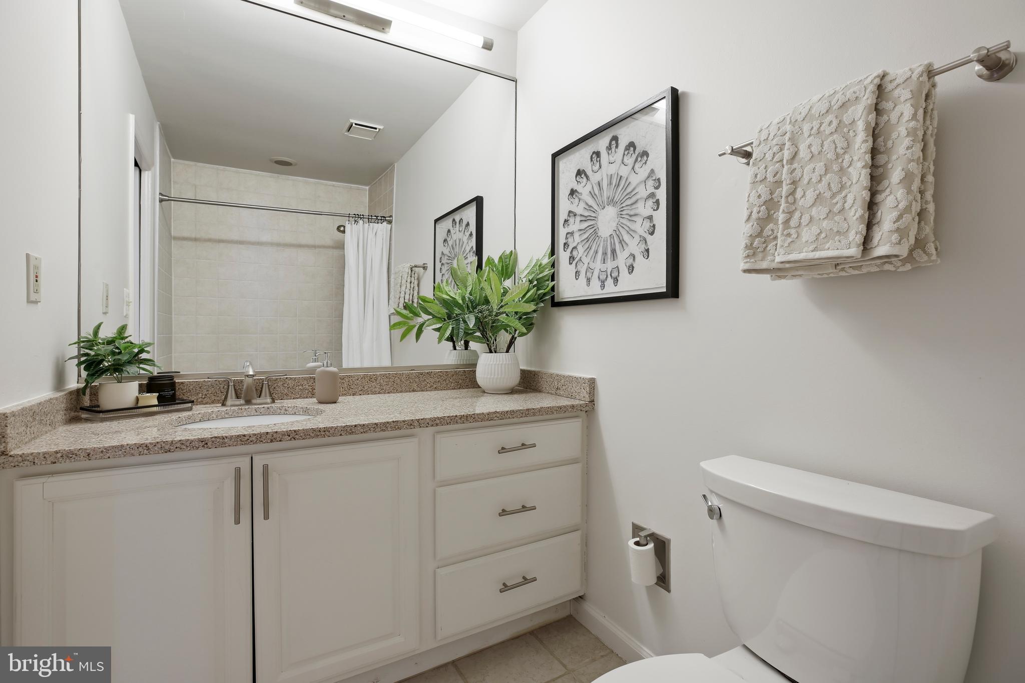 9914 Fernwood Road Bethesda, MD 20817 - Photo 34 of 61 a bathroom with a granite countertop sink a toilet and a large mirror