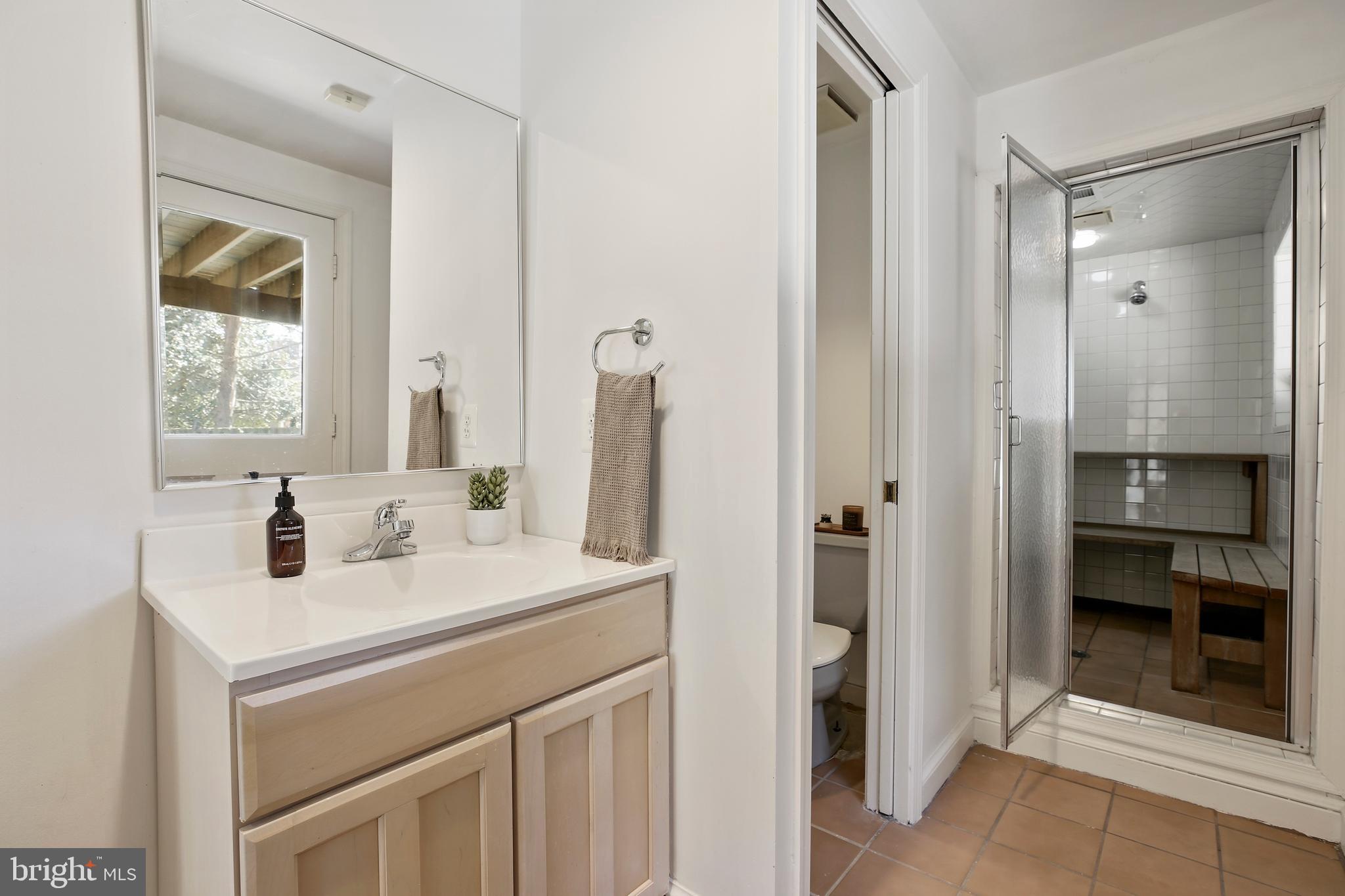 9914 Fernwood Road Bethesda, MD 20817 - Photo 57 of 61 a bathroom with a sink a mirror and a shower