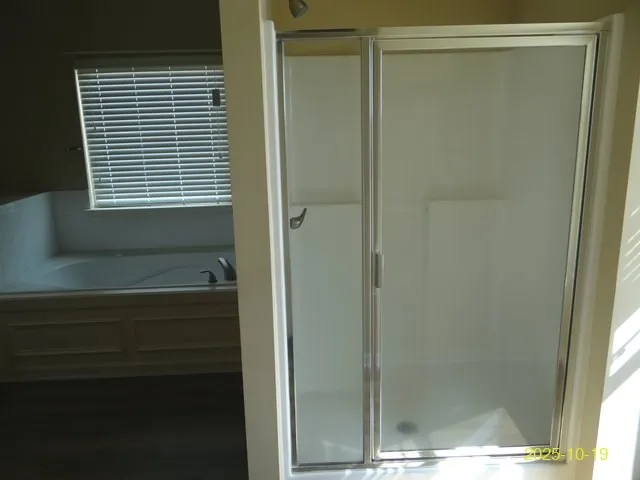 a bathroom with a shower and a window
