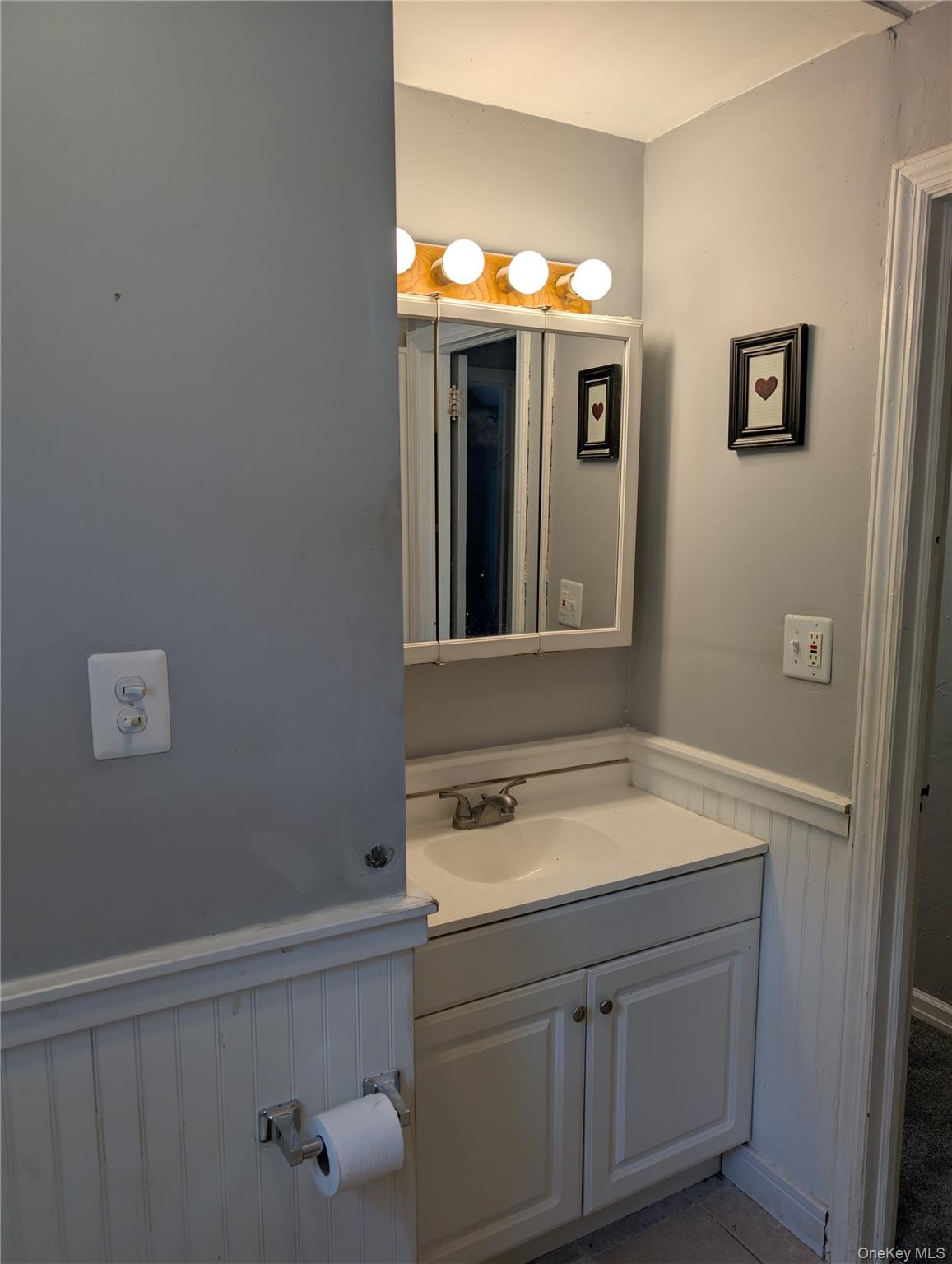 394 Riley Road, Unit 1 New Windsor, NY 12553 - Photo 18 of 24 Bathroom features a single vanity with integrated sink, white cabinetry, and beadboard wainscoting