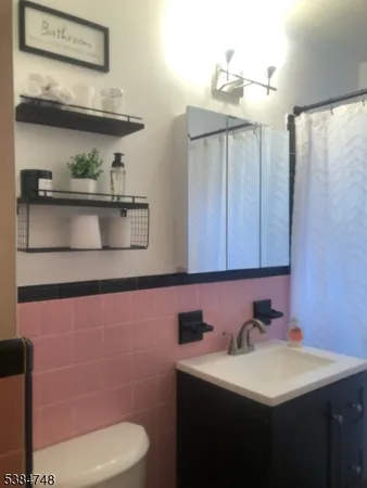 a bathroom with a sink a toilet and mirror