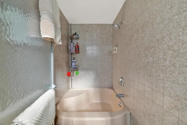 a bathroom with a tub and window