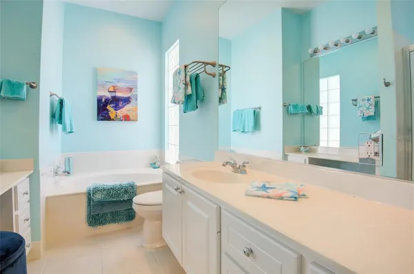a bathroom with a tub a sink and a window