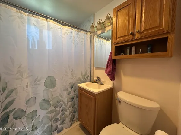 a bathroom with a sink a toilet and shower curtain