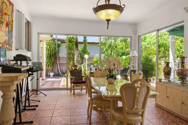a view of a dining room with furniture window and outside view