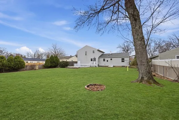 a view of a backyard with barn plants and large tree