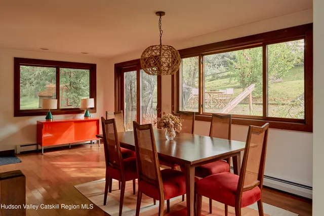 a view of a dining room with furniture window and outside view
