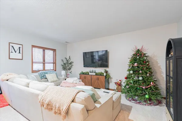 a living room with furniture plant and a window