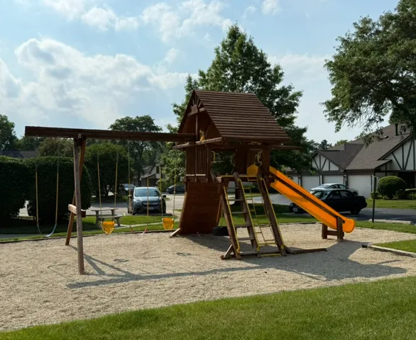 a view of a park with slide