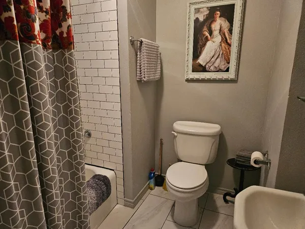 a white toilet sitting next to a shower curtain