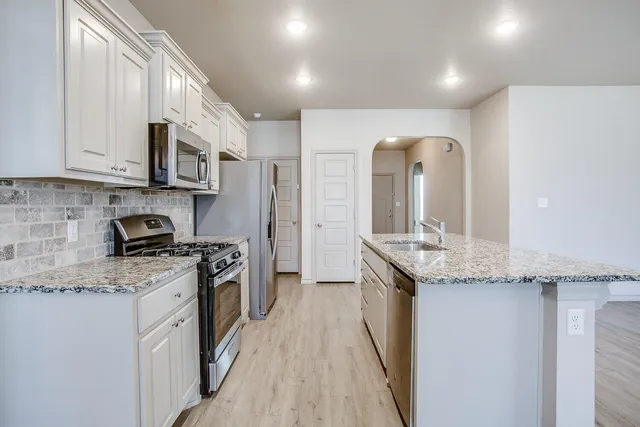 a kitchen with stainless steel appliances granite countertop a stove a sink and a refrigerator