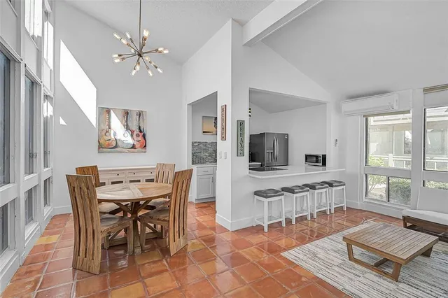 a view of a dining room with furniture