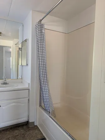 a bathroom with a shower and a sink