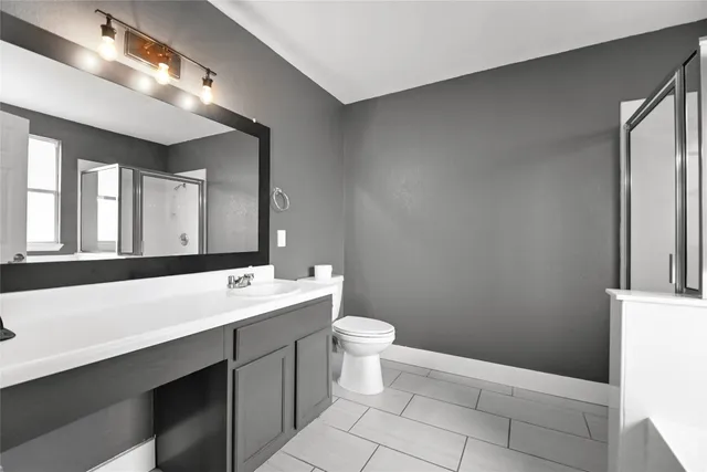 a bathroom with a sink a toilet a mirror and vanity