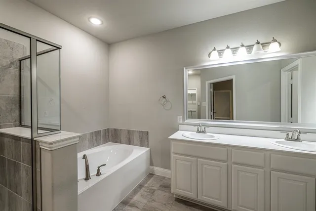 a bathroom with a tub a sink shower and mirror